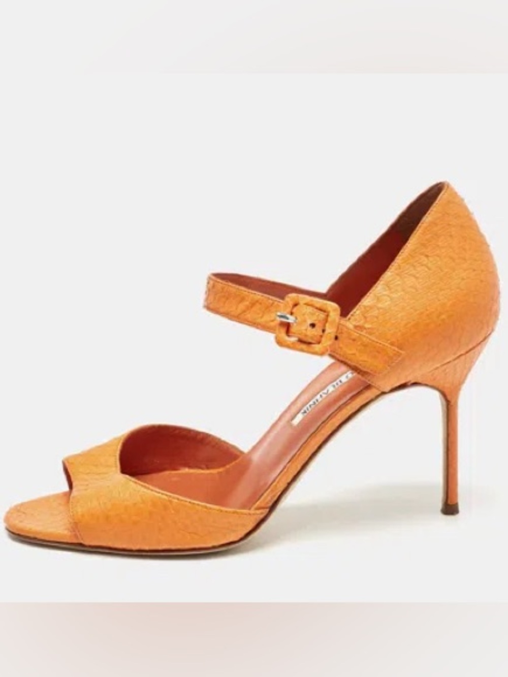 VINTAGE Manolo Blahnik Vibrant Orange Snake Skin Leather Mary-Jane Sandal Size